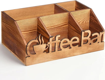 Coffee Station Organizer for Counter Wood Countertop Accessories Organizer Coffee Pods Holder Storage Basket for Pods Condiment Syrup Tea Cups Stirrers for Rustic Bar Decoration(Natural)