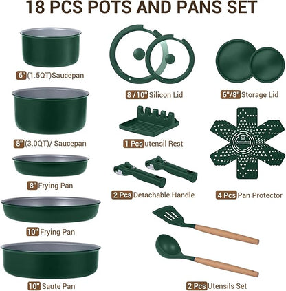 Ammeloo 18-Piece Ceramic Pots and Pans Set Non Stick, Non Toxic Cookware Set with Removable Handles, Pot Sets for Cooking, Induction Ready, Dishwasher & Oven Safe, PFAS PFOA & PTFE Free (Hunter Green)