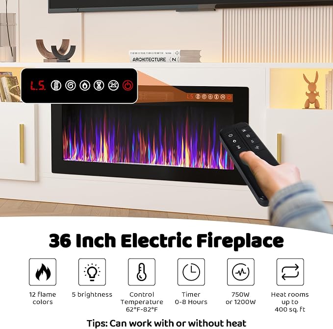 LEMBERI 80 Inch Fireplace TV Stand for TVs up to 90", 36" Electric Fireplace Entertainment Center with 20-Color LED, 300lbs Max Capacity Modern Wood Media Console Cabinet, White