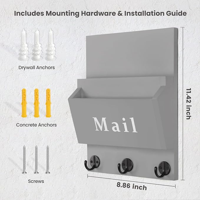 Mail and Key Holder - Decorative 8.86" x 11.42" Wall Key Hanger with 2 Mail Organizer Slots and 3 Hooks - Real Paulownia Wood with Keyhole Brackets, Hardware and Instructions (Gray)