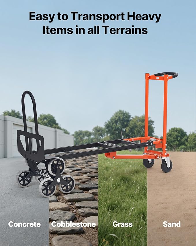 VEVOR 3 in 1 Industrial Convertible Stair Climbing Cart, 770 lbs Max Load, Folding Hand Truck Dolly with Handle & Wheels, Stair Climbing Utility Trolley for Transport & Moving, Orange & Silver