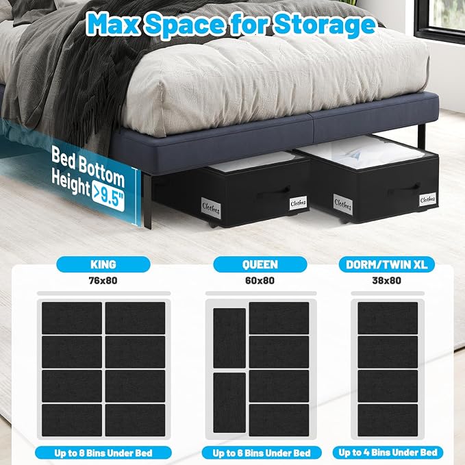 Under Bed Storage with Wheels, 4-Pack 10" Height XXL 75L Rolling Storage Bins, Quick Assembly Underbed Shoe Storage Containers with Clear Lid & Label, Dorm Under Bed Drawers for Clothes, Shoes, Black