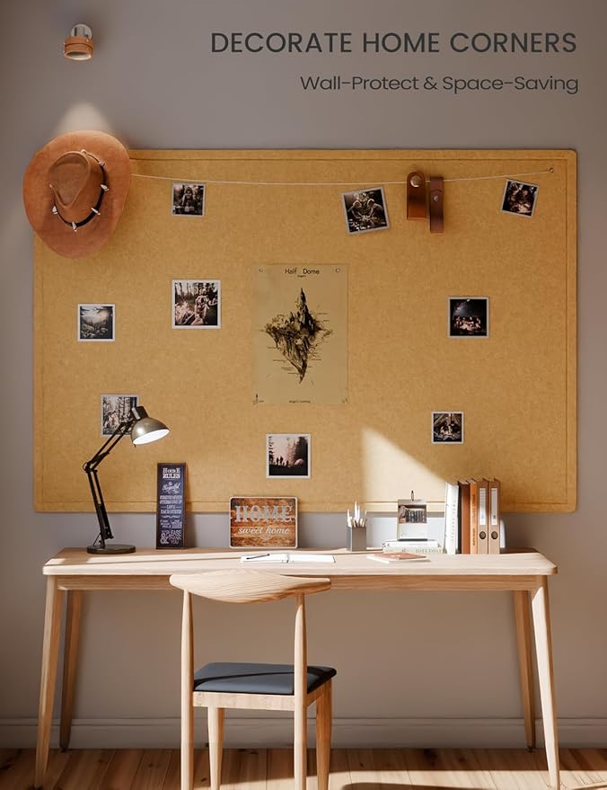 Fluxynara Large Bulletin Board, 70.8" x 47.2"Cork Board Alternative with 48 Safe Removable Adhesive Tabs, Foldable Felt Pin Board for Home Office, Classroom, Bedroom,Entryway for Walls— Mustard Yellow