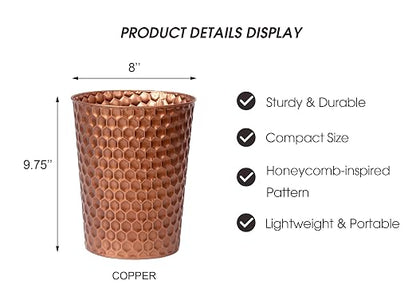 Venalys Small Metal Trash Can Wastebasket, Decorative Honeycomb Garbage Can Waste Basket, Modern Farmhouse Round Trash Bin for Bathroom, Bedroom, Kitchen and Office (Copper)
