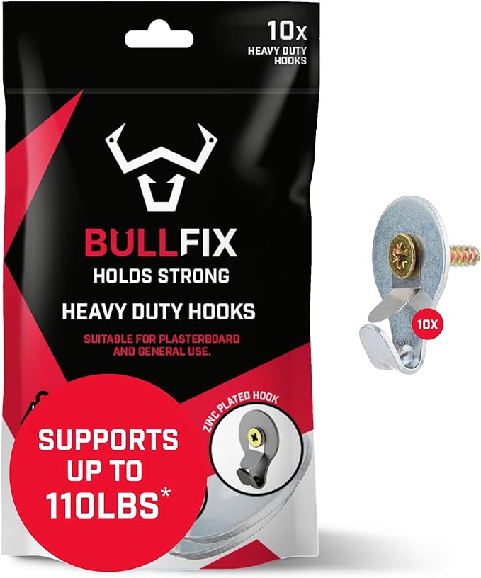 Bullfix Heavy Duty Picture Hooks 10 Pack - Steel Hanging Hardware for Masonry, Timber & Plasterboard Walls, Holds Up to 110 lbs - Heavy Duty Picture Hangers with Safety Clip