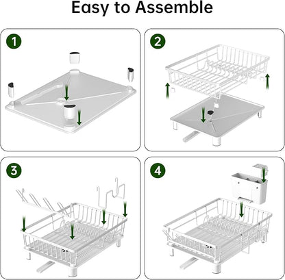 Dish Drying Rack, Dish Racks for Kitchen Counter, Detachable Dish Drainer with Drainboard, Utensil Holder, Cup Holder, Space Saving Kitchen Drying Rack for Small Home and Appartment, White