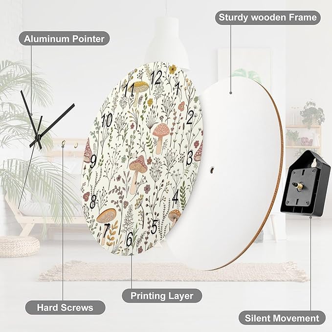 Botanical Wood Wall Clock, Colorful Mushroom Floral Green Leaves Boho Plants Pattern Botanical 12 Inch Silent Non-Ticking Battery Operated Round Clock for Bedroom Living Room Office Kitchen Decor