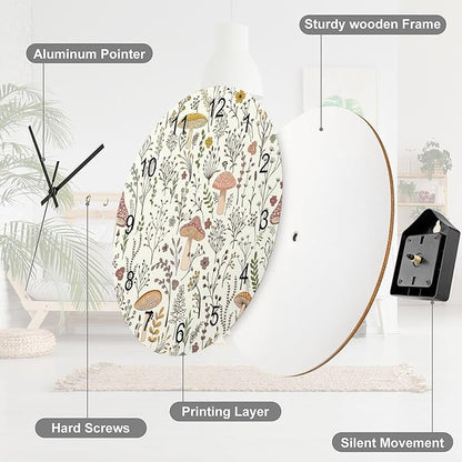 Botanical Wood Wall Clock, Colorful Mushroom Floral Green Leaves Boho Plants Pattern Botanical 12 Inch Silent Non-Ticking Battery Operated Round Clock for Bedroom Living Room Office Kitchen Decor