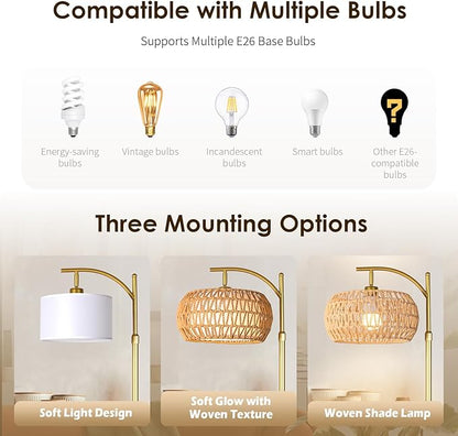 Gold Boho Rattan Floor Lamp w/Remote, Dimmable (2700K - 6000K), 2 - in - 1 Wicker & Fabric Shade, Adjustable 165-172cm for Living Room & Bedroom