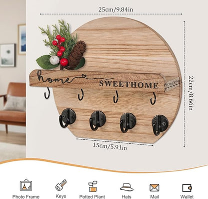 Key Holder for Wall, Key and Mail Holder Organizer - Key Holder Wall Mount with Bouquet Shelf and Key Hooks, Round Wooden Rustic Key Rack for Entryway and Home Decor (Wood)