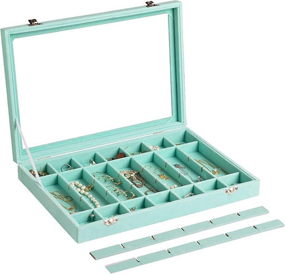 Frebeauty Velvet Jewelry Tray,35 Grid Jewelry Organizer with Clear Lid,Earring Holder Organizer Case with Clasp,Drawer Insert for Rings Studs,13.8 x 9.5 x 2 Inches,Gift for Women Girls(Turquoise)