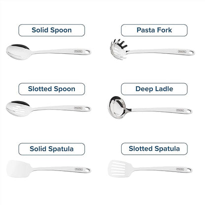 Viking Kitchen Utensils Set, 6 Piece Stainless Steel Cooking Utensil Set, Includes Spatulas, Spoons, Pasta Fork, and Deep Ladle, Hollow Forged, Silver