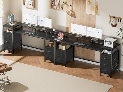 61 Inch Computer Gaming Desk with Power Outlets & LED Lights Reversible Home Office Desk with Adjustable 5 Fabric Storage Drawers for Working Writing Study, Black