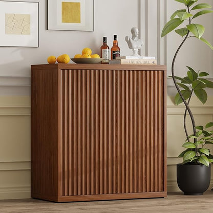 31” Sideboard Cabinet with Storage, Fluted Accent Cabinet with Adjustable Shelves, Modern Wood Credenza Cabinets with Pop-up Doors for Entryway Kitchen Living Room Hallway, Walnut