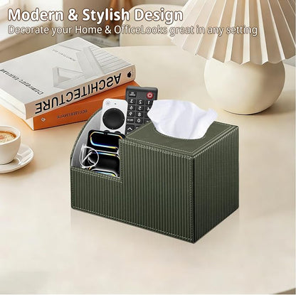PU Leather Square Tissue Box Cover - Multi-Functional Tissue Box Holder, Tissue Box Cover with Storage,Tissue and Remote Control Holder, Cube Tissue Box Organizer Bedroom Nightstand End Table