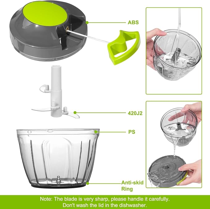 Manual Food Processor Vegetable Chopper, Portable Hand Pull String Garlic Mincer Onion Cutter for Veggies, Ginger, Fruits, Nuts, Herbs, etc., 650ml-Gray