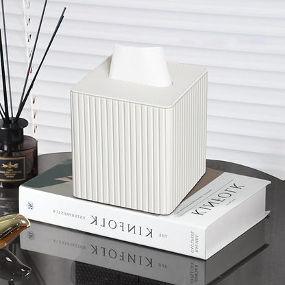 MEIBOOCH PU Leather Tissue Box Cover Square Tissue Box Holder with Magnetic Closure (Ivory Stripe)