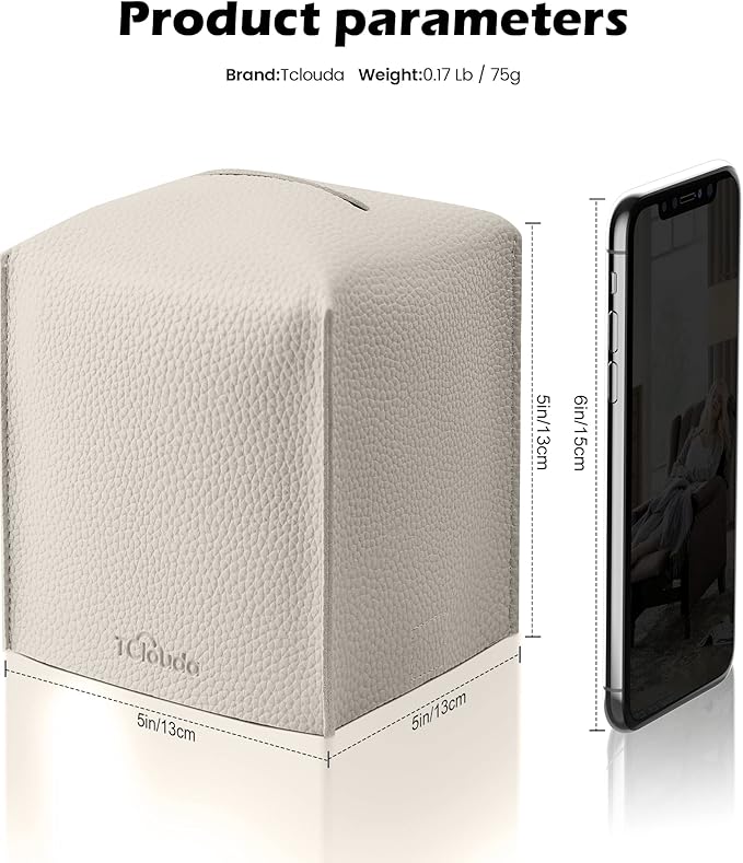 Tclouda Tissue Box Cover for PU Leather, Modern Simple Solid Color Holder Square Tissue Bag, Ideal for Bathrooms,Office,Car,Outdoor Tent,Dining Table,5"X5"X5", Double Off-White