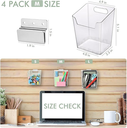 Clear Slatwall Bins, 4 Pack Slat Wall Accessories Cups Hooks Assemble Set Fit Most Slat Board Storage Systems Transparent Display Hanging Holder Organizers for Garage Shed Office Craft Tool (Medium)