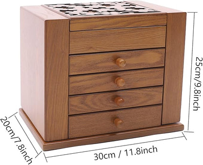 5-Layer Retro Jewelry Box Organizer with Mirror,Wooden Jewelry Chest for Women Girls, Jewellery Display Holder Organizer Box Case for Necklace Earrings Rings Bracelets, Gift for Festival