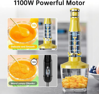 Turelar Immersion Blender Handheld Corded Hand Blenders Set 1100W, Trigger Variable Speed 5 in 1 Stick Emulsifier with Chopper, Whisk and Frother for Soup, Baby Food and Smoothies, Yellow