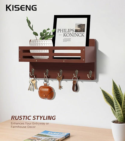 Key Holder Wall Mount Farmhouse Key Hooks for Wall with Mail Organizer Decorative Key Rack with 5 Sturdy Hooks for Dog Leash, Sunglasses, Rustic, Paulownia Key Hanger for Entryway