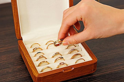 Solid Wood Ring Organizer, Handmade Walnut Jewelry Case for Multiple Rings, Cufflinks, Earrings - Portable Travel Size - Wooden Vintage Gift for Women, Valentine, Mother's Day