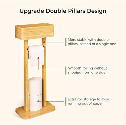 Wealone 4-in-1 Toilet Paper Holder Stand with Storage Shelf Box, 360° Rotating Bamboo Free Standing Toilet Tissue Roll, Toilet Wipes Dispenser Organizer Desktop for Bathroom Decor (Patented)
