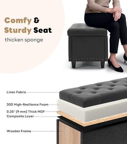 Tbfit 50.8“ Large Ottoman Storage Bench for Bedroom, Oversized Tufted Upholstered Entryway Benches End of Bed, Rectangle Dorm Foot Stool with Safety Hinge & Solid Wood Legs, Loads 660 lb, Gray