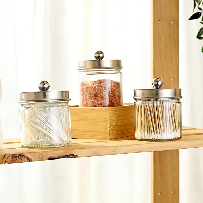 SheeChung 2-Pack Brushed Nickel Mason Jar Qtip Holder - Glass Apothecary Jars Bathroom Organizer - Rust-Proof Stainless Steel Lid for Cotton Swabs, Balls, Pads, Flossers - Modern Farmhouse Decor
