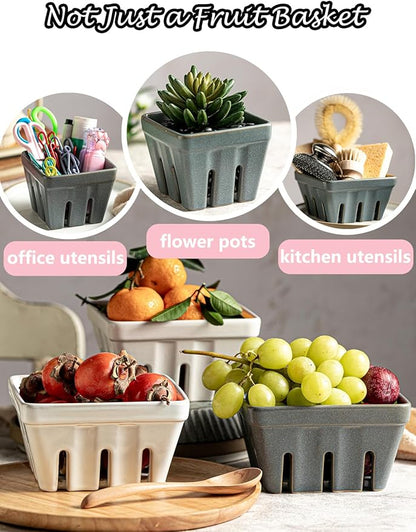 Gomakren Fruit Basket for Kitchen, Fruit Bowl with Holes, Ceramic Berry Basket Set of 2, 5.7 Inch Square Berry Containers for Fridge, Table, Modern Kitchen Decor, Slate Blue