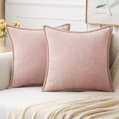 MIULEE Pack of 2 Couch Throw Pillow Covers 20x20 Inch Pink Farmhouse Decorative Pillow Covers with Stitched Edge Soft Chenille Solid Dyed Pillow Covers for Sofa Bed Living Room