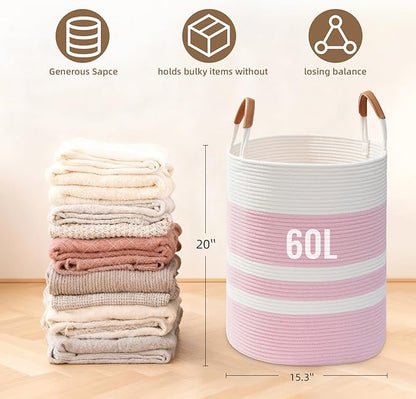 Degeyoyo 60L Striped Laundry Basket, Pink Laundry Hamper with Leather Handles, Woven Cotton Rope Storage Bin for Blankets, Nursery Hamper for Clothes, Toys In Bathroom, Livingroom, Bedroom