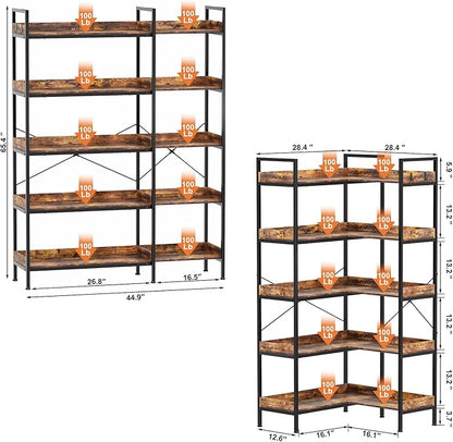 KOUSEI Bookshelf 5-Tier, L-Shaped Reversible Corner Bookshelf, 65" Industrial Wide Open Bookcase with Metal Frame and 4 Hooks for Living Room, Bedroom, Home Office, Rustic Brown