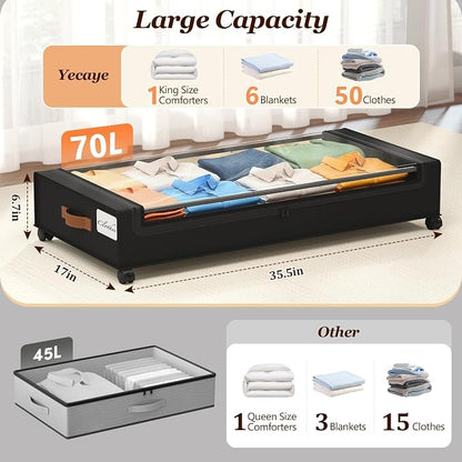 Yecaye 70 L Under Bed Storage with Wheels, 3 Pack Larger Capacity Under Bed Storage Containers, Underbed Shoe Storage Organizer, Rolling Under Bed Metal Drawers for Clothes, Blankets, Black