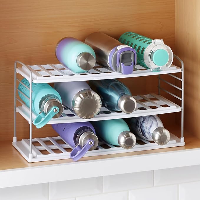 YouCopia UpSpace Water Bottle and Travel Mug Cabinet Organizer, Adjustable Storage Rack for Kitchen Organization, 3-Shelf Wide