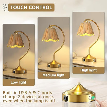 Set of 2 Boho Rattan Small Touch Table Lamps with USB C+A Ports | Bedroom Farmhouse Lamp and Retro Rattan Shade for Living Room Entryway Office, LED Bulbs Included
