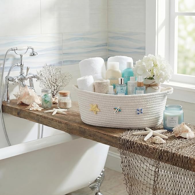Remerry Boho Coastal Toilet Paper Storage Basket Beach Ocean Bathroom Accessories White Cotton Rope Bin with Starfish Organizer Decor for Toilet Closet Nursery Organizing 12 x 8 x 5 Inch