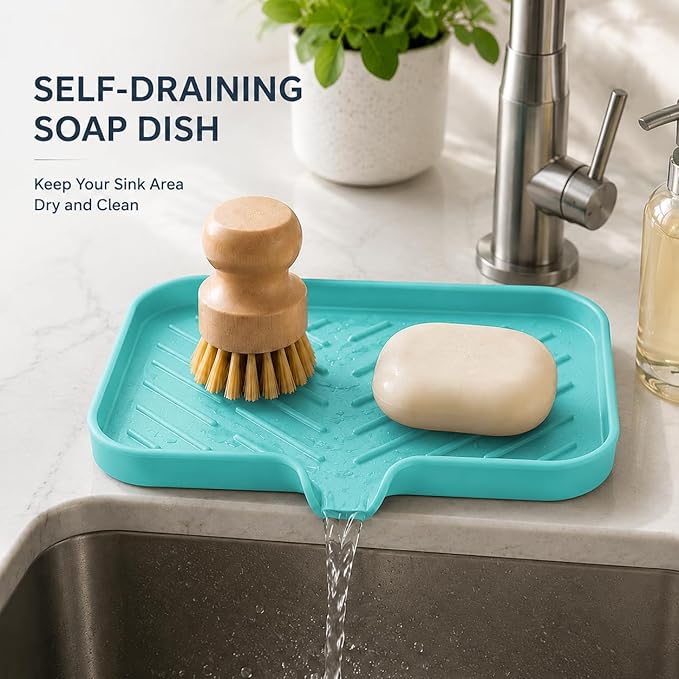 MicoYang Silicone Soap Dish with Drain Spout — Self-Draining Sink Organizer Tray for Bathroom & Kitchen, Sponges, Dispensers & Soap Holder, Non-Slip & Dishwasher Safe, Mint (Medium, 9.6"×5.3")