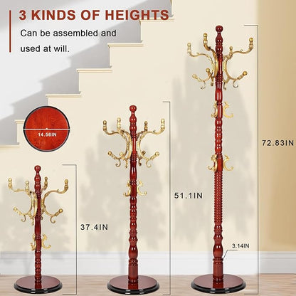 Wooden Coat rack freestanding, Coat racks stand with 14 Hook, Heavy duty coat tree standing 3 Adjustable Heights for Bedroom, Entryway, Hallway, Office,Stury Base (Begonia)