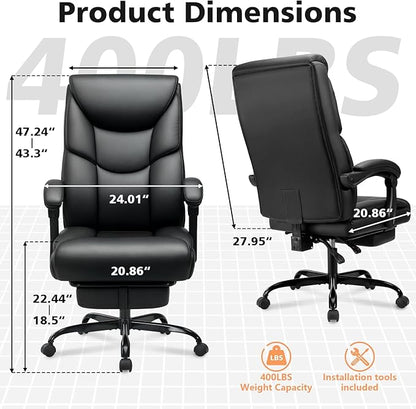 400lbs Office Chair with Foot Rest, Reclining Big and Tall Office Chair with Lumbar Support Spring Cushion, High Back PU Leather Computer Chair,Comfy Desk Chair for Home Office