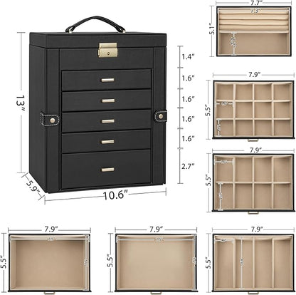 AKOZLIN Large 6-Tier Jewelry Box Lockable Leather Jewelry Storage Case with 5 Drawers for Women Girls Ring Necklace Earring Bracelet Holder Organizer with Mirror