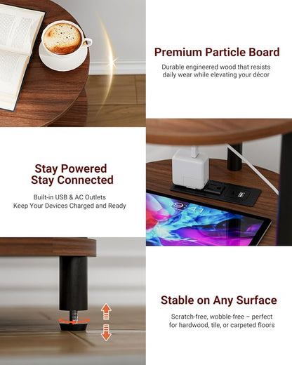XBurmo Small Round End Table - 3 Tier Design Accent Table, Narrow Side or Bedside Stand, Industrial Vintage Table for Small Spaces, Built-in USB Ports and Power Outlet, Rustic Walnut