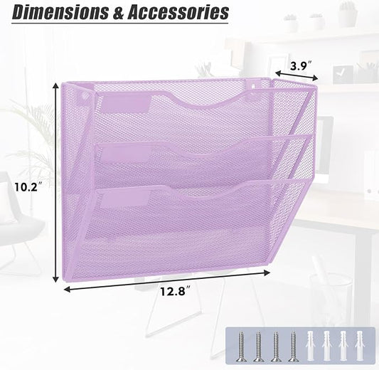 EASEPRES 3 Pocket Mesh Hanging Wall File Organizer, Wall Mounted Mail Paper Document Folder Holder, Clipboard Storage Organization Magazine Rack with Nametag Label for Office Home School, Light Purple