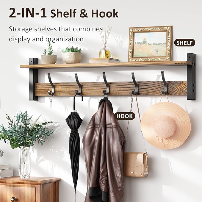 Coat Rack Wall Mount with Shelf, 29 Inch Coat Hanger Walls Mounted, Hat Rack for Walls, Shelf with 5 Coat Hooks, Wall Hanger for Entryway (Brown)