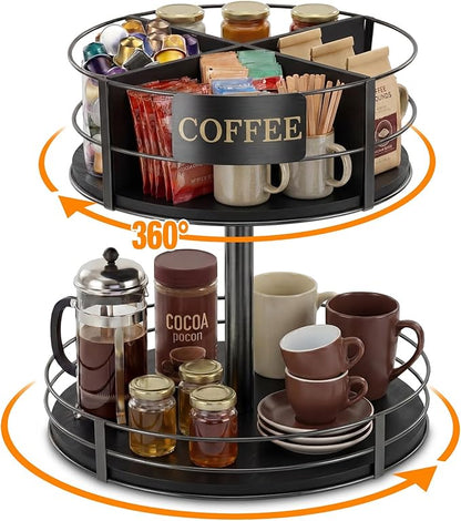 Sieral 360° Rotating Coffee Bar Organizer 2 Tier Coffee Bar Lazy Susan Wood Metal Station Organizer Holder with Convenient Grab-and-go for Countertop Pod Syrup Mug Tea Spice Snack Kitchen Office