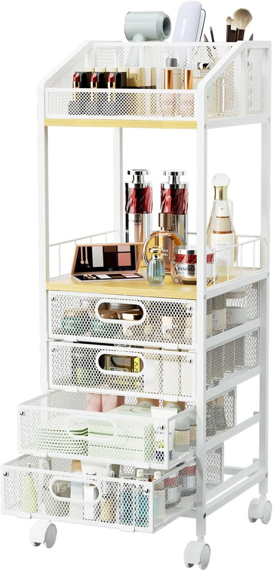 HapiRm Rolling Cart Makeup Organizer - Metal Makeup Cart with Wheels and Drawers for Small Spaces & Messy Vanities, Space-Saving Beauty Cosmetics Cart Storage Cabinet Stand for Perfume Hair Tools