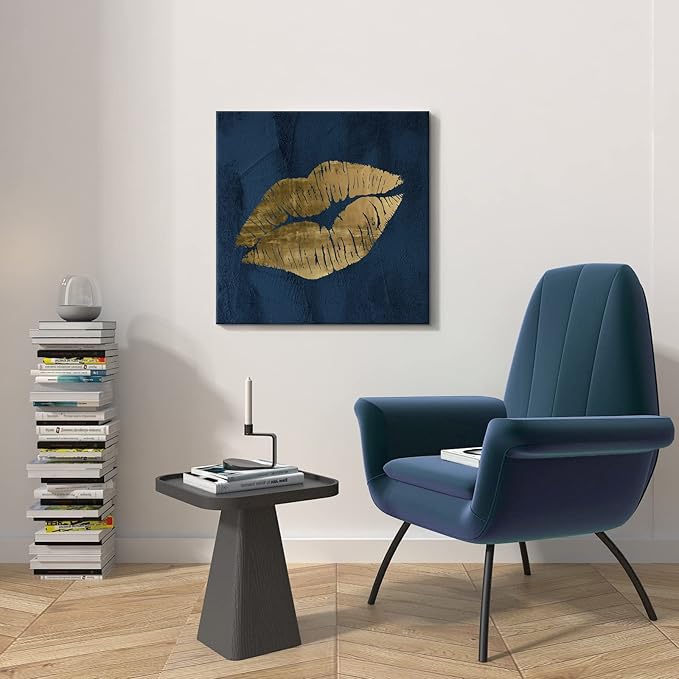 Navy Blue and Gold Wall Decor Fashion Lip Canvas Wall Art Glam Lip Poster Sexy Painting Designer Picture for Bedroom Bathroom Makeup Room Decoration 24x24Inch
