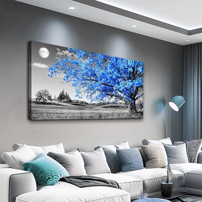large wall art for living room Blue moon tree landscape Abstract painting office bedroom Wall Decor 30" x 60" single Pieces Canvas Prints Ready to Hang for Home Decoration Black and white Works of art