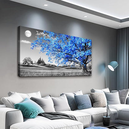 large wall art for living room Blue moon tree landscape Abstract painting office bedroom Wall Decor 30" x 60" single Pieces Canvas Prints Ready to Hang for Home Decoration Black and white Works of art